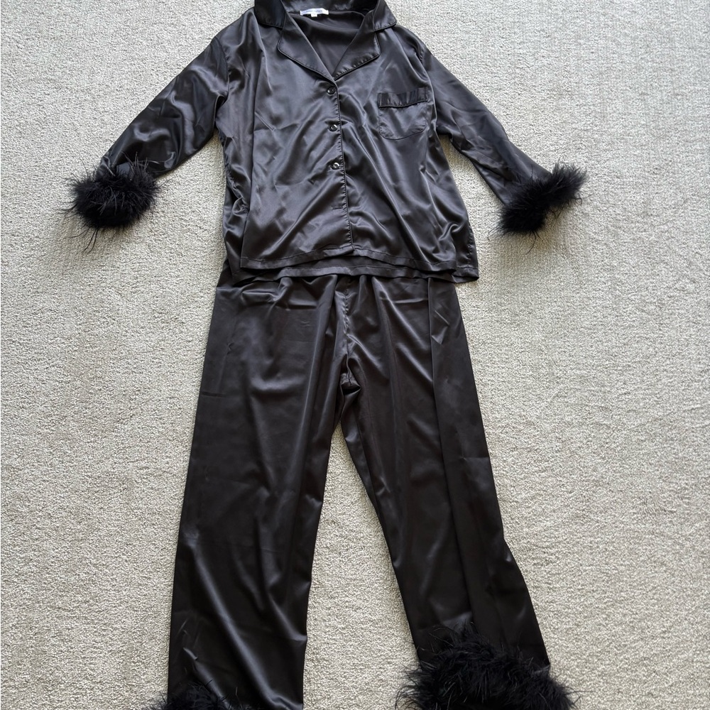 Elegant Black Satin Pajama Set with Feather Trim